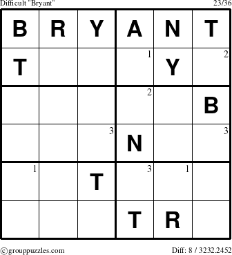 The grouppuzzles.com Difficult Bryant puzzle for  with the first 3 steps marked