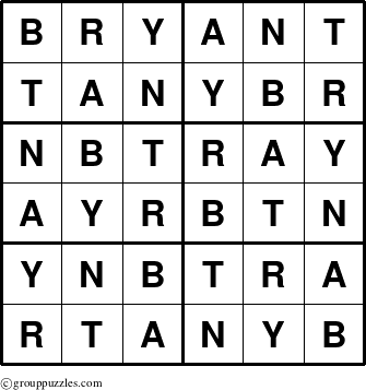 The grouppuzzles.com Answer grid for the Bryant puzzle for 