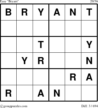 The grouppuzzles.com Easy Bryant puzzle for 