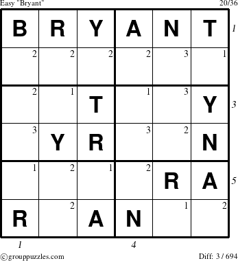 The grouppuzzles.com Easy Bryant puzzle for  with all 3 steps marked