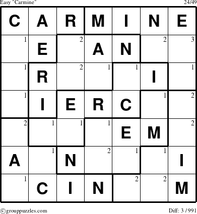 The grouppuzzles.com Easy Carmine puzzle for  with the first 3 steps marked