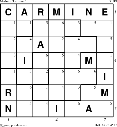 The grouppuzzles.com Medium Carmine puzzle for  with all 6 steps marked