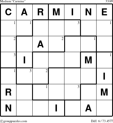 The grouppuzzles.com Medium Carmine puzzle for  with the first 3 steps marked