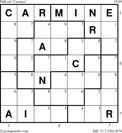 The grouppuzzles.com Difficult Carmine puzzle for  with all 9 steps marked