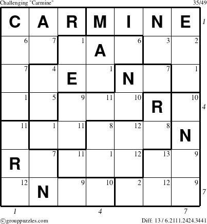 The grouppuzzles.com Challenging Carmine puzzle for  with all 13 steps marked