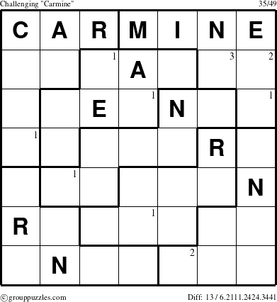 The grouppuzzles.com Challenging Carmine puzzle for  with the first 3 steps marked