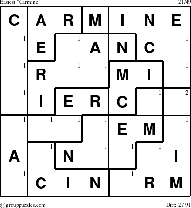 The grouppuzzles.com Easiest Carmine puzzle for  with the first 2 steps marked