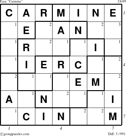 The grouppuzzles.com Easy Carmine puzzle for  with all 3 steps marked