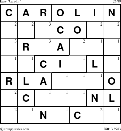 The grouppuzzles.com Easy Carolin puzzle for  with the first 3 steps marked