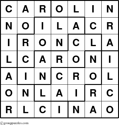 The grouppuzzles.com Answer grid for the Carolin puzzle for 