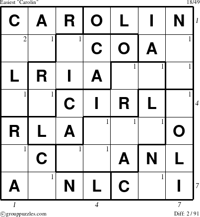 The grouppuzzles.com Easiest Carolin puzzle for  with all 2 steps marked