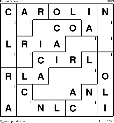 The grouppuzzles.com Easiest Carolin puzzle for  with the first 2 steps marked