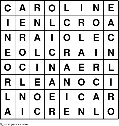 The grouppuzzles.com Answer grid for the Caroline puzzle for 