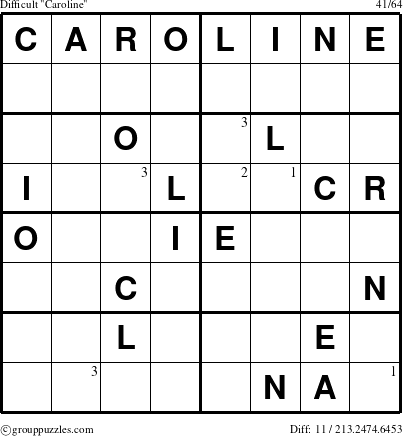 The grouppuzzles.com Difficult Caroline puzzle for  with the first 3 steps marked