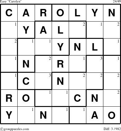 The grouppuzzles.com Easy Carolyn puzzle for  with the first 3 steps marked