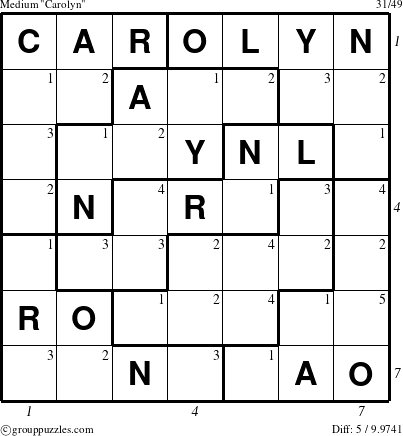 The grouppuzzles.com Medium Carolyn puzzle for  with all 5 steps marked