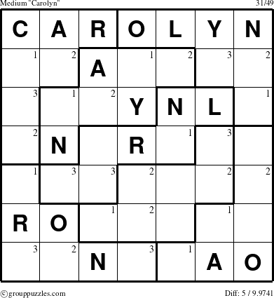 The grouppuzzles.com Medium Carolyn puzzle for  with the first 3 steps marked