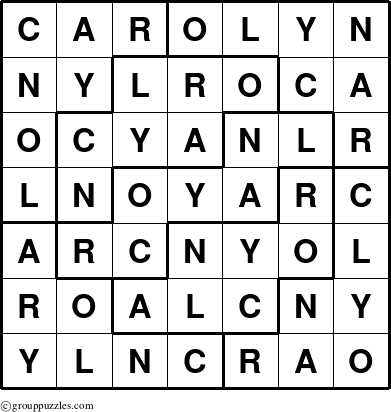The grouppuzzles.com Answer grid for the Carolyn puzzle for 