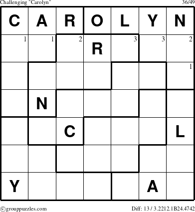 The grouppuzzles.com Challenging Carolyn puzzle for  with the first 3 steps marked