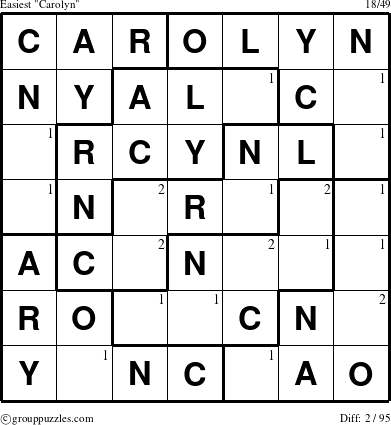 The grouppuzzles.com Easiest Carolyn puzzle for  with the first 2 steps marked