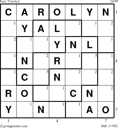 The grouppuzzles.com Easy Carolyn puzzle for  with all 3 steps marked