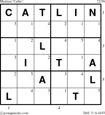 The grouppuzzles.com Medium Catlin puzzle for  with all 5 steps marked