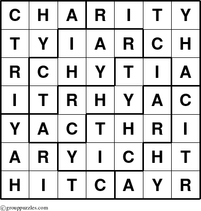 The grouppuzzles.com Answer grid for the Charity puzzle for 