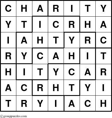 The grouppuzzles.com Answer grid for the Charity puzzle for 