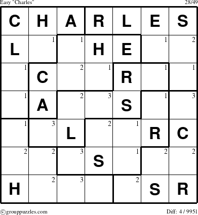 The grouppuzzles.com Easy Charles puzzle for  with the first 3 steps marked