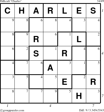 The grouppuzzles.com Difficult Charles puzzle for  with all 9 steps marked