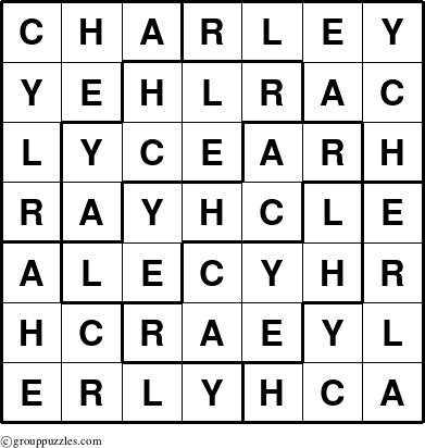 The grouppuzzles.com Answer grid for the Charley puzzle for 