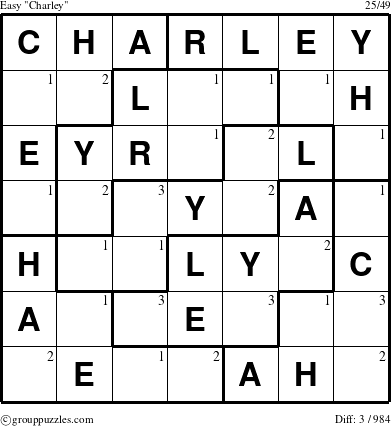 The grouppuzzles.com Easy Charley puzzle for  with the first 3 steps marked