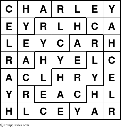 The grouppuzzles.com Answer grid for the Charley puzzle for 