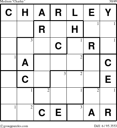 The grouppuzzles.com Medium Charley puzzle for  with the first 3 steps marked