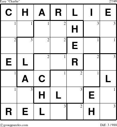 The grouppuzzles.com Easy Charlie puzzle for  with the first 3 steps marked
