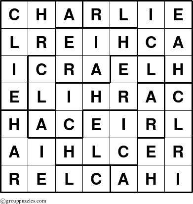The grouppuzzles.com Answer grid for the Charlie puzzle for 