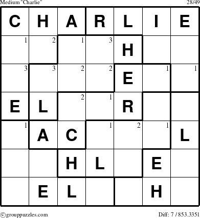 The grouppuzzles.com Medium Charlie puzzle for  with the first 3 steps marked
