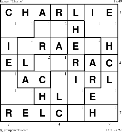 The grouppuzzles.com Easiest Charlie puzzle for  with all 2 steps marked