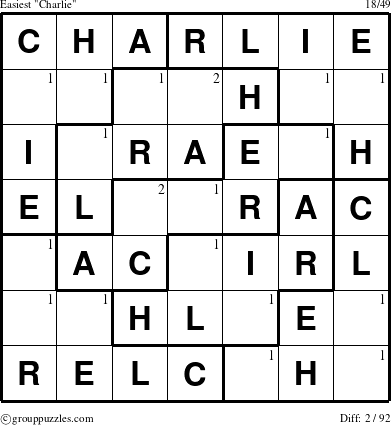 The grouppuzzles.com Easiest Charlie puzzle for  with the first 2 steps marked
