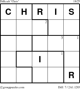 The grouppuzzles.com Difficult Chris puzzle for  with the first 3 steps marked