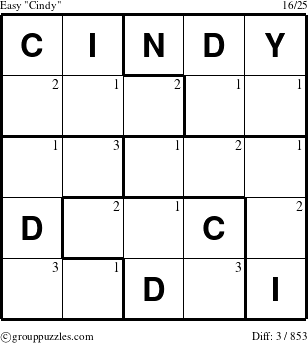 The grouppuzzles.com Easy Cindy puzzle for  with the first 3 steps marked
