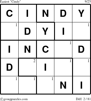 The grouppuzzles.com Easiest Cindy puzzle for  with the first 2 steps marked