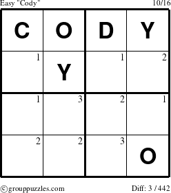 The grouppuzzles.com Easy Cody puzzle for  with the first 3 steps marked