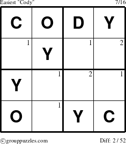 The grouppuzzles.com Easiest Cody puzzle for  with the first 2 steps marked