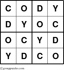 The grouppuzzles.com Answer grid for the Cody puzzle for 