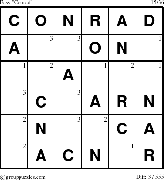 The grouppuzzles.com Easy Conrad puzzle for  with the first 3 steps marked