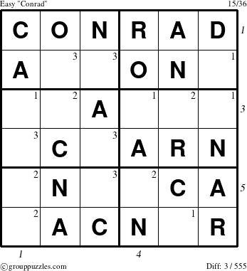 The grouppuzzles.com Easy Conrad puzzle for  with all 3 steps marked