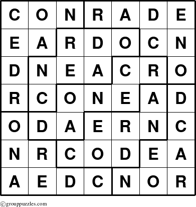 The grouppuzzles.com Answer grid for the Conrade puzzle for 