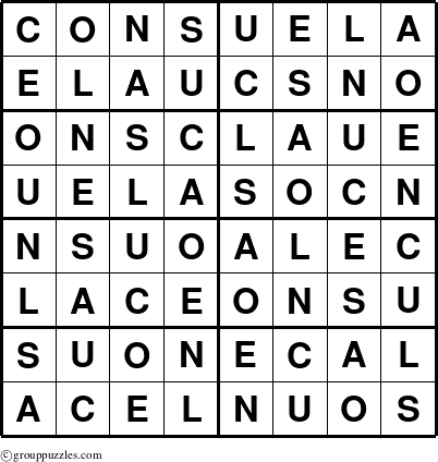 The grouppuzzles.com Answer grid for the Consuela puzzle for 