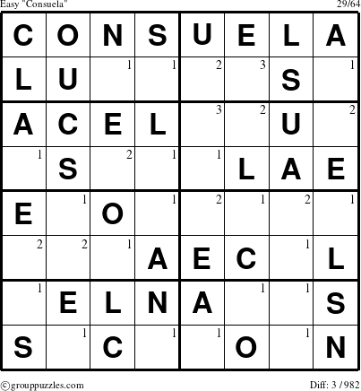 The grouppuzzles.com Easy Consuela puzzle for  with the first 3 steps marked